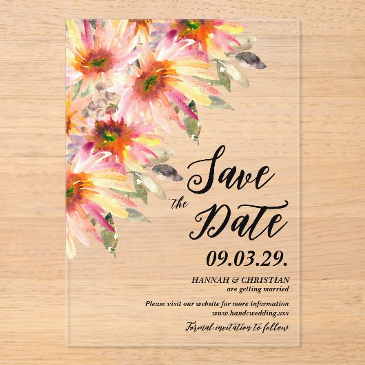 オレンジ色の黄色のフローラ日付を保存 アクリル招待状 (正面)