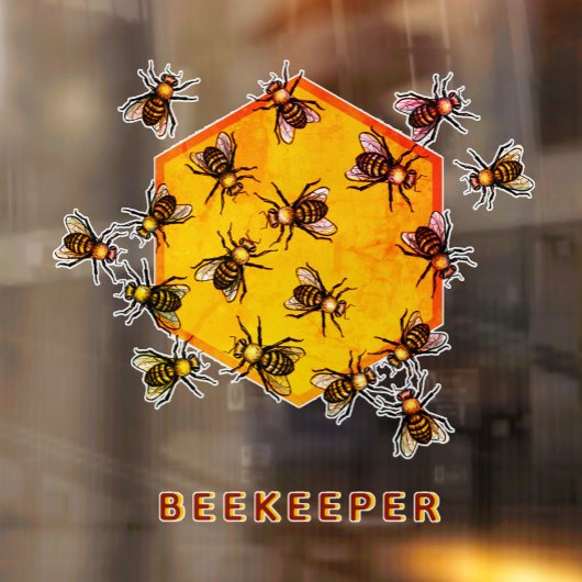 オレンジ色の黄色の六角形スケッチアートを持つミツバチ ウィンドウサイン