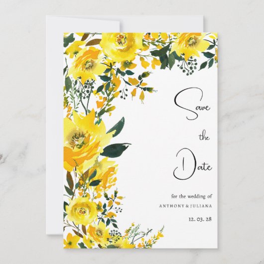 オレンジ色の黄色の夏の植物フローラ日付を保存 招待状 (正面)