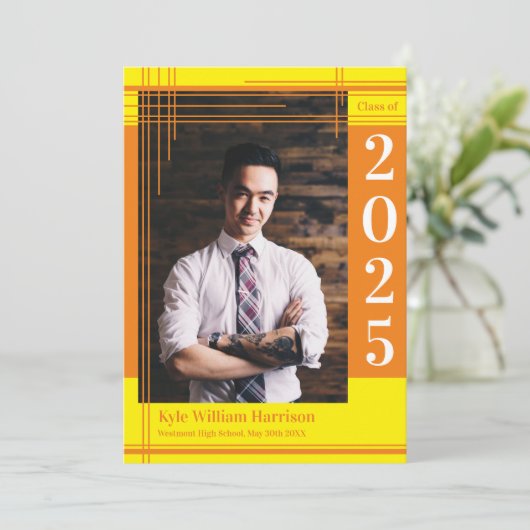 オレンジ色の黄色の学校のカラー卒業フォトプライド 招待状 (スタンド正面)