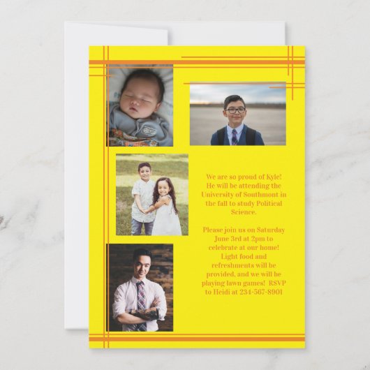 オレンジ色の黄色の学校のカラー卒業フォトプライド 招待状 (裏面)