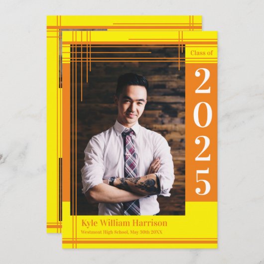 オレンジ色の黄色の学校のカラー卒業フォトプライド 招待状 (正面/裏面)