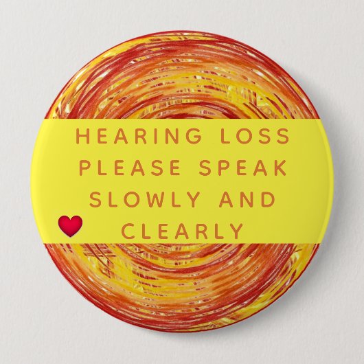 オレンジ色の黄色の幾何学的ハート難聴4インチ 缶バッジ (正面)