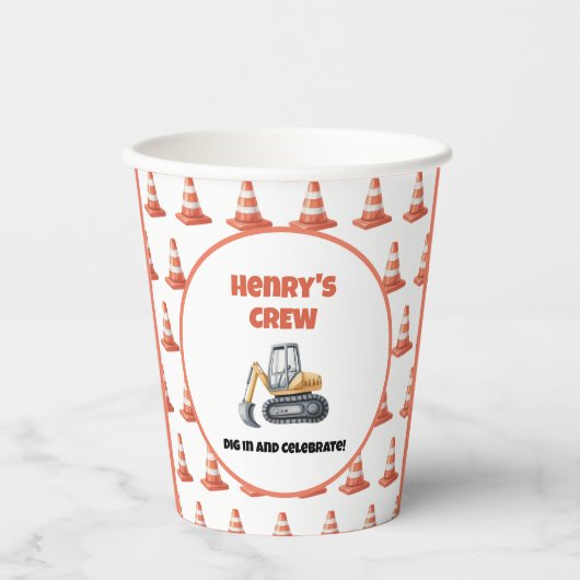 オレンジ色の黄色の建築コーンディガー名 紙コップ (正面)