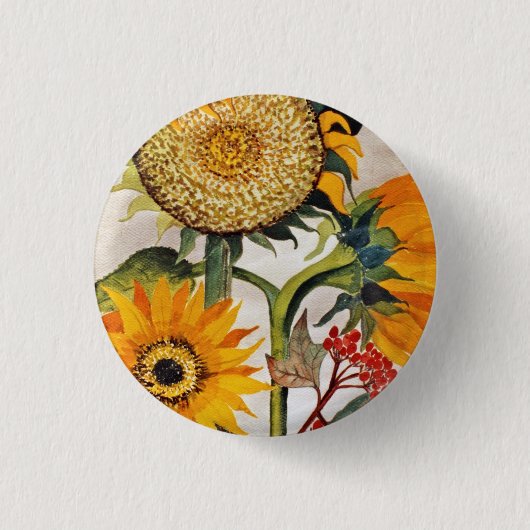 オレンジ色の黄色の播種ひまわりアート 缶バッジ (正面)