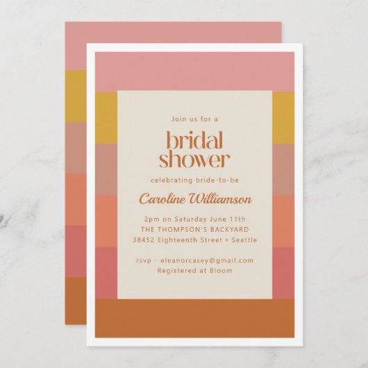 オレンジ色の黄色の暖かいストライプブライダルシャワー 招待状 (正面/裏面)