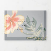 オレンジ色の黄色の水色のハイビスカスと葉 三つ折り招待状 (カバー)