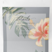 オレンジ色の黄色の水色のハイビスカスと葉 三つ折り招待状 (内部最初)