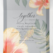 オレンジ色の黄色の水色のハイビスカスと葉 三つ折り招待状 (内部中)