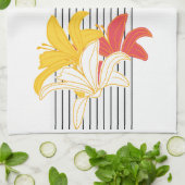 オレンジ色の黄色の白い花オン白黒ストライプズ キッチンタオル (折り畳み)