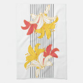 オレンジ色の黄色の白い花オン白黒ストライプズ キッチンタオル (縦)