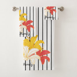 オレンジ色の黄色の白い花オン白黒ストライプ バスタオルセット