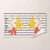 オレンジ色の黄色の白い花オン白黒ストライプ バスタオルセット (ハンドタオル)