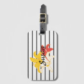 オレンジ色の黄色の白い花オン白黒ストライプ ラゲッジタグ (正面縦)