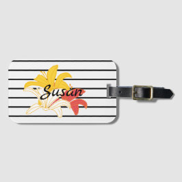 オレンジ色の黄色の白い花オン白黒ストライプ ラゲッジタグ