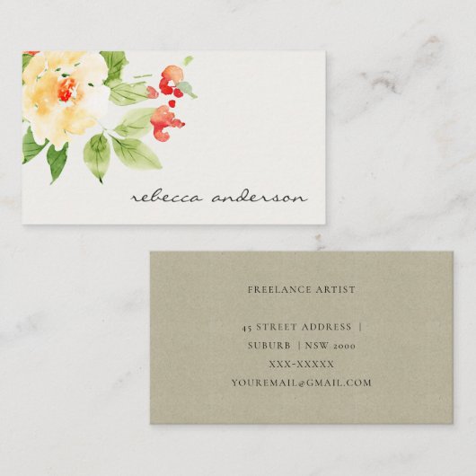 オレンジ色の黄色の赤いバラの水カラーフローラアドレス 名刺 (正面/裏面)