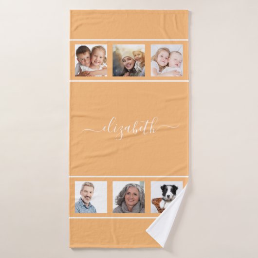 オレンジ色の黄色カスタムのフォトコラージモノグラムスクリプト バスタオル (バスタオル)
