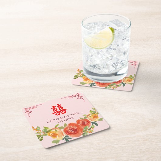 オレンジ色の黄色中国のい結婚花 スクエアペーパーコースター (インサイチュ)