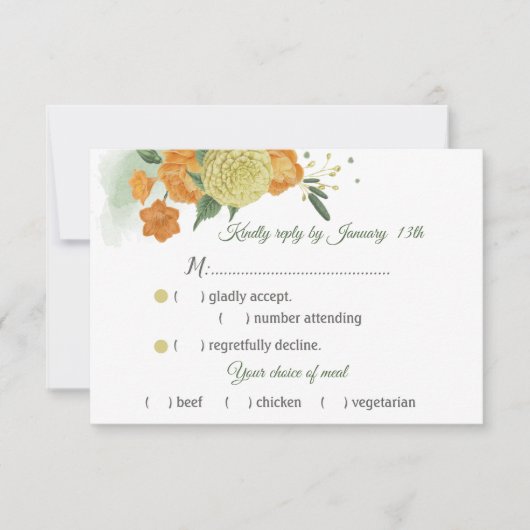 オレンジ色の黄葉色の緑の食事 出欠カード (正面)