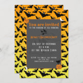 オレンジ色の黒いこうもりハロウィーンパターン 招待状 (正面/裏面)