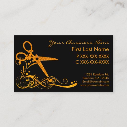 オレンジ色の黒いグリッターの渦巻きヘアカットの名刺 名刺 (正面)