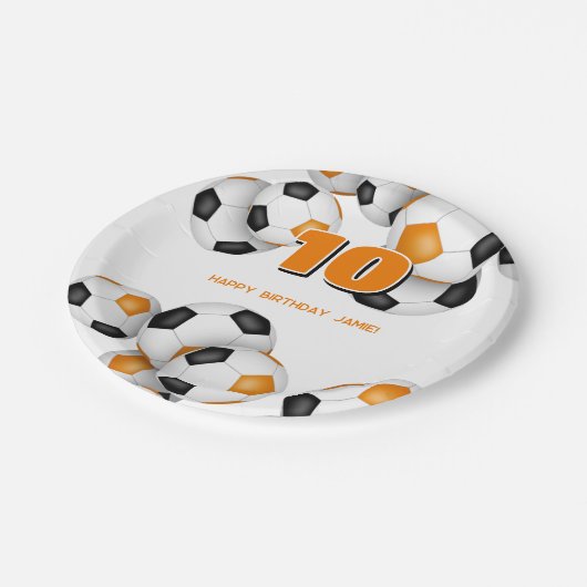 オレンジ色の黒いサッカーチームカラーバースデーパーティー ペーパープレート (アングル)