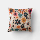 オレンジ色の黒い花パターンのベージュ背景 クッション (裏面)