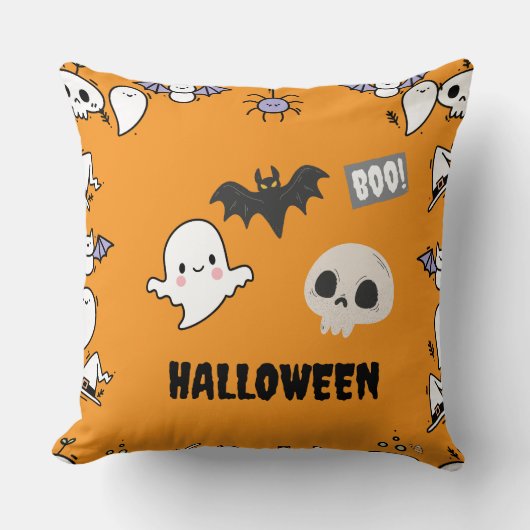 オレンジ色の黒かわいいハロウィーン枕 クッション (正面)
