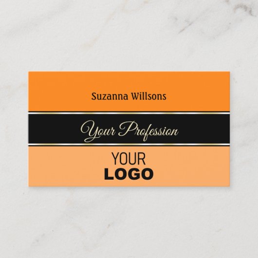オレンジ色の黒と桃ストライプのスタイリッシュロゴ 名刺 (正面)