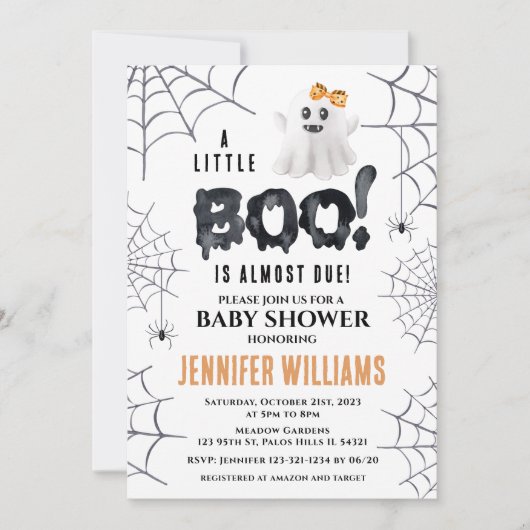 オレンジ色の黒の小さなブー幽霊女の子の赤ちゃんシャワー 招待状 (正面)