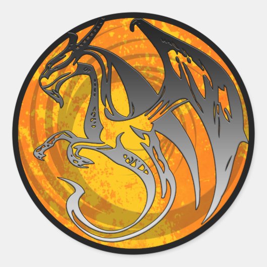 オレンジ色の黒グランジい羽のドラゴン ラウンドシール (正面)