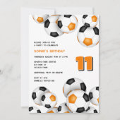 オレンジ色の黒サッカーボール女の子の誕生日 招待状 (正面)