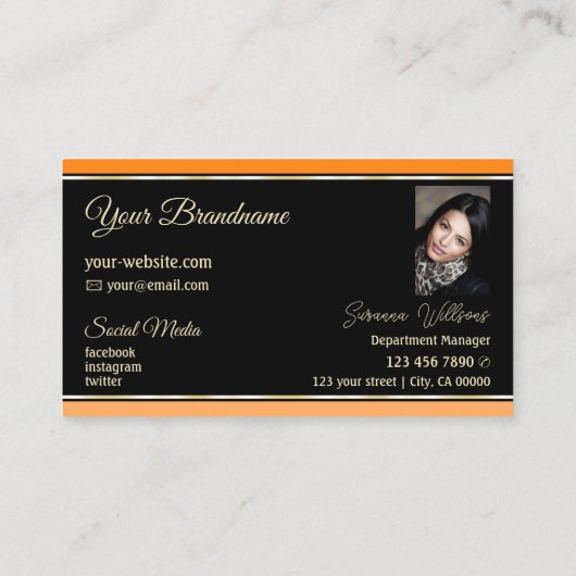 オレンジ色の黒ストライプ桃のロゴと写真 名刺 (裏面)