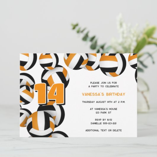 オレンジ色の黒バレーボールの女の子の男の子の誕生日パーティー 招待状 (スタンド正面)