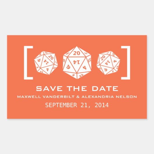 オレンジ色のD20サイコロ ゲーマー向け Save the Date ステッカー (正面)