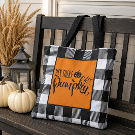 オレンジ色のHey There Pumpkin バッファローチェックハロウィン トートバッグ