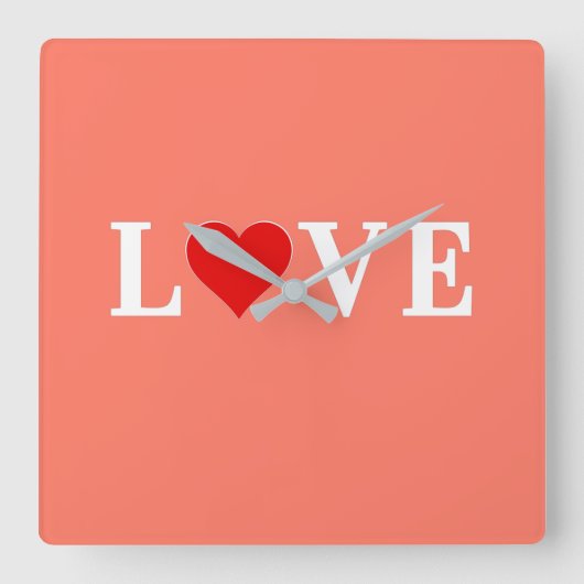オレンジ色のLOVEとハートロマンエレガントチック スクエア壁時計 (正面)