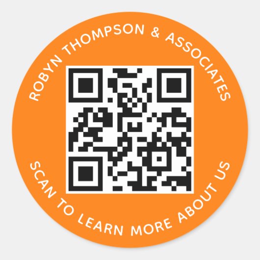 オレンジ色のQRコードステッカーカスタムビジネス名ラウンド ラウンドシール (正面)