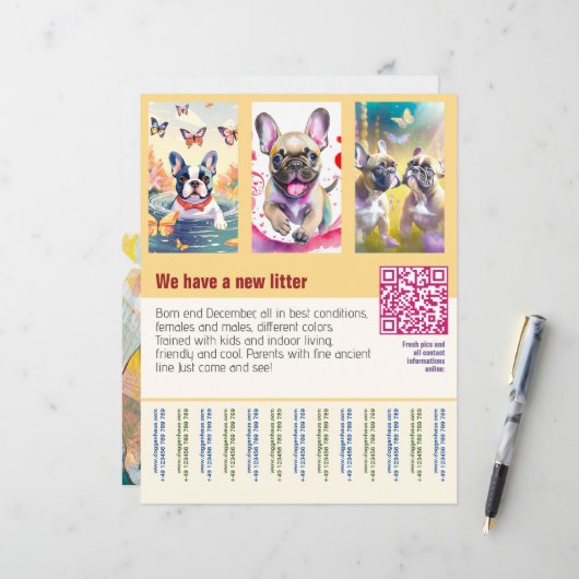 オレンジ色のQRコード入り子犬販売チラシ (正面/裏面インサイチュ)