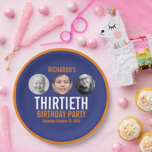 オレンジ色ダークブルー30th30の写真3誕生日 ペーパープレート (パーティー)