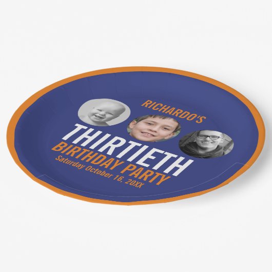 オレンジ色ダークブルー30th30の写真3誕生日 ペーパープレート (アングル)