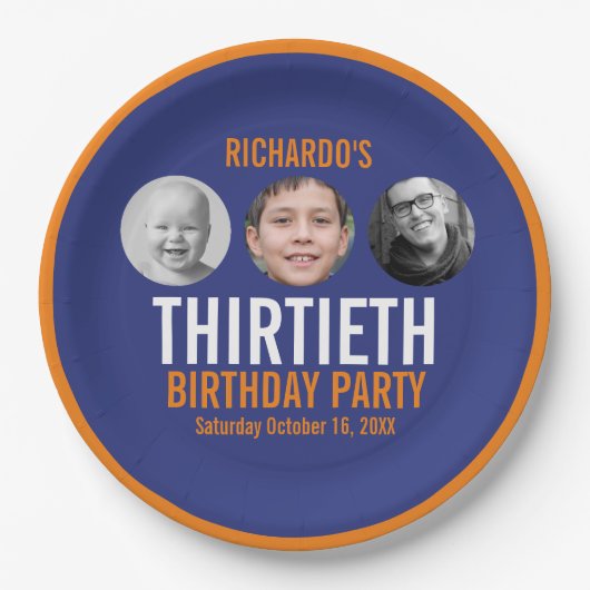 オレンジ色ダークブルー30th30の写真3誕生日 ペーパープレート (正面)