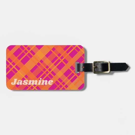 オレンジ色マゼンタの格子模様名前をカスタムする ラゲッジタグ (正面横)