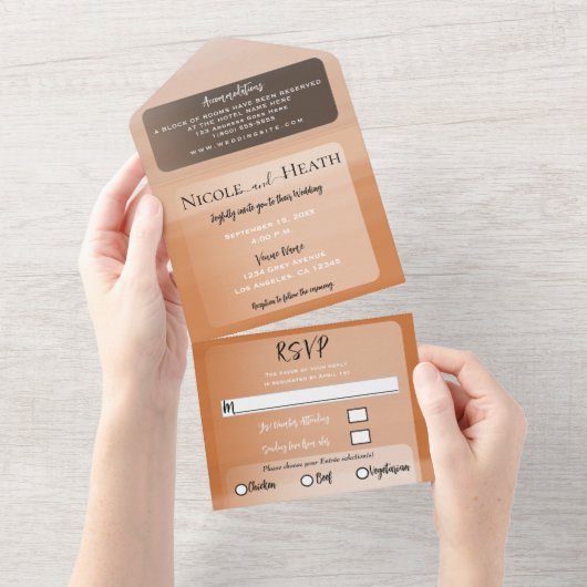 オレンジ色ミニマルモダン結婚色 オールインワン招待状 (貼ってはがせる)