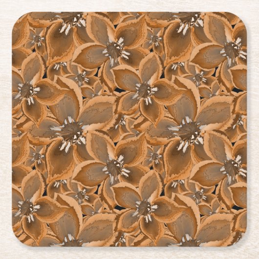 オレンジ色、灰色の水色の花。 スクエアペーパーコースター (正面)