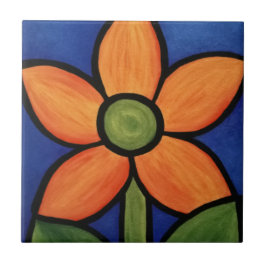 オレンジ花の青空のカラフルな絵画 タイル