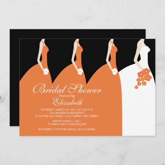 オレンジ花嫁の新婦付添人のブライダルシャワーの招待状 招待状 (正面/裏面)