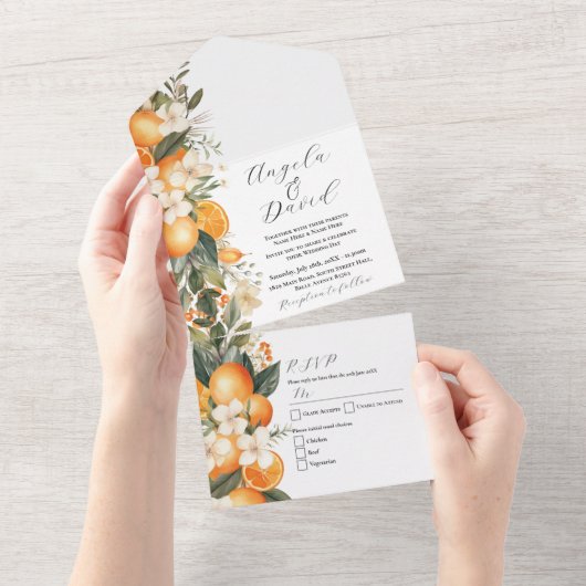 オレンジ花模様フルーツウェディング招待&RSVP オールインワン招待状 (貼ってはがせる)