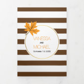 オレンジ葉色のメエデと茶色のストライプ秋の結婚式 三つ折り招待状 (カバー)