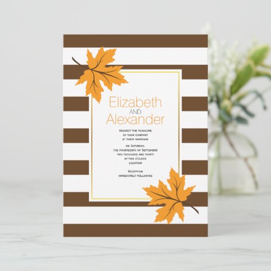 オレンジ葉色のメエデと茶色のストライプ秋の結婚式 招待状 (スタンド正面)